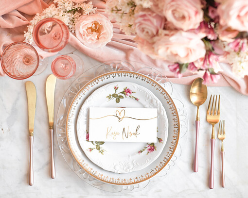 glamour ozdobne winietki na ślub wizytówki dla gości weselnych, nadruk rose gold lub złoto, eleganckie winietki na stół weselny