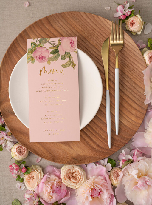 glamour menu weselne na stoły plan podawania posiłków, złote i eleganckie na klasyczne wesele