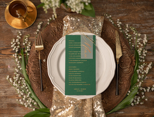 glamour menu ślubne z planem posiłków, eleganckie zlocone litery wasza treść