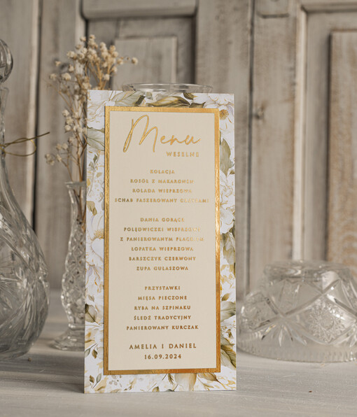 glamour karta drinków, karta dań treść dowolna menu weselne plan podawania posiłków, złote lub srebrne napisy, złote menu weselne, leżące menu weselne