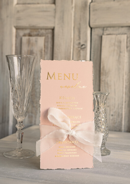 glamour menu ślubne z planem posiłków, złote napisy dowolna treść menu ślubnego, wydzierane brzegi elegancka złota karta dań na weselu