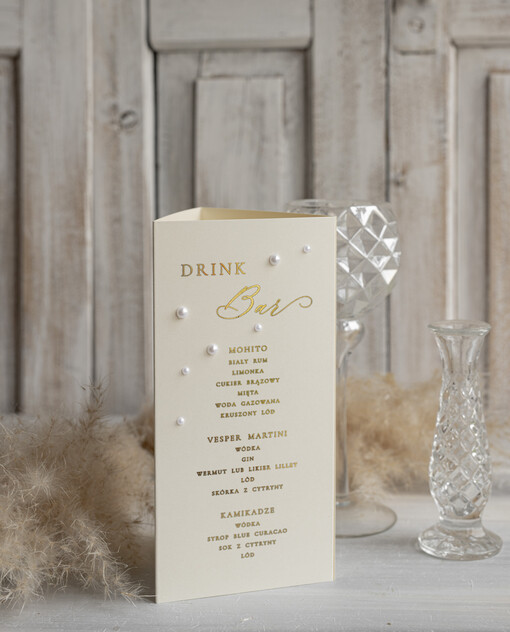 glamour menu weselne karta dań weselnych, eleganckie menu zlocone litery i perełki, stojąca karta dań z numerkiem stołu w jednym, menu, karta drinków, karta deserów