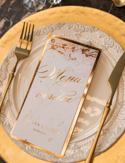 glamour menu weselne plan podawania posiłków na weselu, złote lub srebrne napisy wasza treść