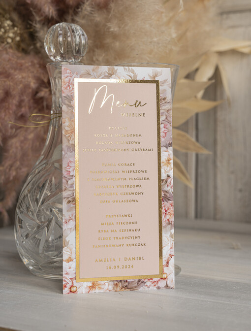 glamour karta dań weselnych menu weselne plan podawania posiłków, złote lub srebrne napisy wasza treść, różowo złote menu weselne