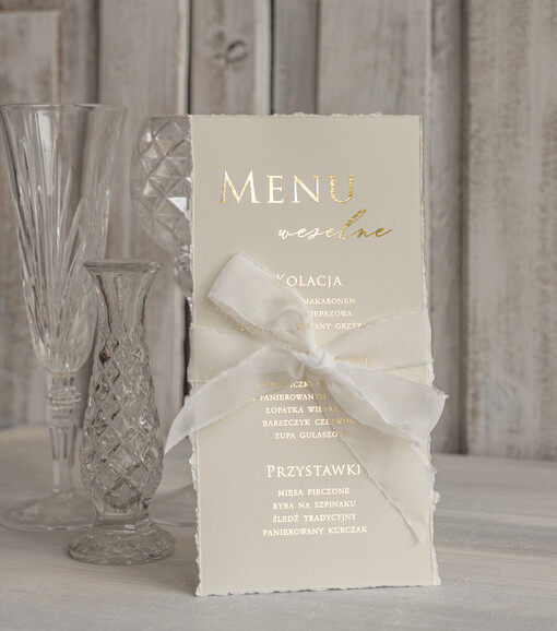 glamour menu ślubne z planem posiłków, złote napisy dowolna treść menu ślubnego, wydzierane brzegi elegancka złota karta dań na weselu