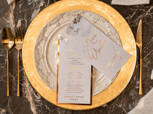 glamour ślubne menu karta potraw weselnych, złote i eleganckie na klasyczne wesele