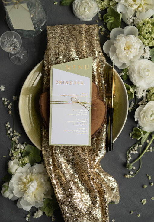 glamour menu weselne na stoły plan podawania posiłków, złocone i eleganckie dowolna treść