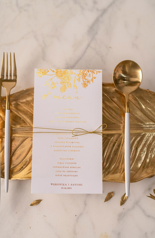 glamour menu ślubne z planem posiłków, zlocone napisy dowolna treść