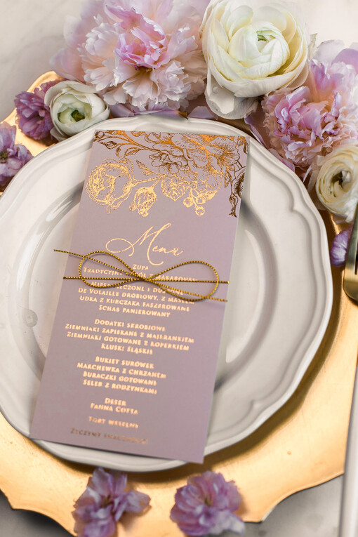 glamour menu weselne na stoły plan podawania posiłków, złote lub srebrne napisy wasza treść