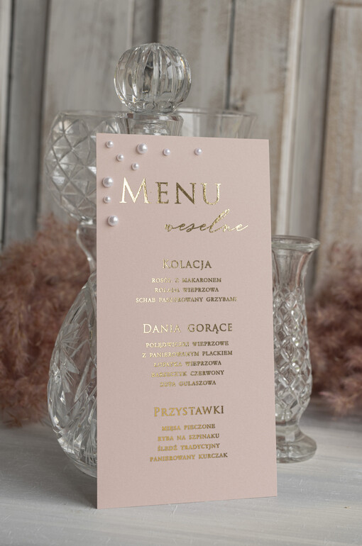 glamour elegancka karta dań na weselu z perełkami, menu weselne z perełkami weselne menu karta potraw weselnych, złote lub srebrne napisy wasza treść