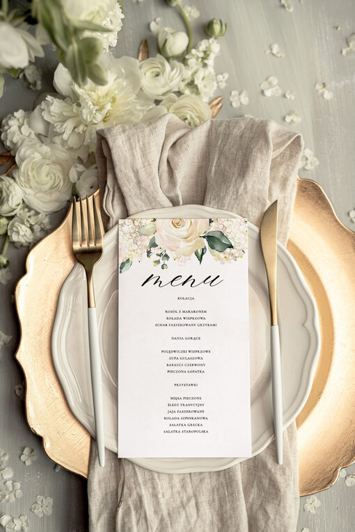glamour menu ślubne z planem posiłków, złote i eleganckie na klasyczne wesele