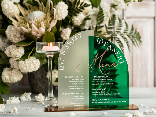 glamour menu ślubne, karta dań na wesele, karta menu na wesele, zielone menu weselne, menu z zielonej pleksy