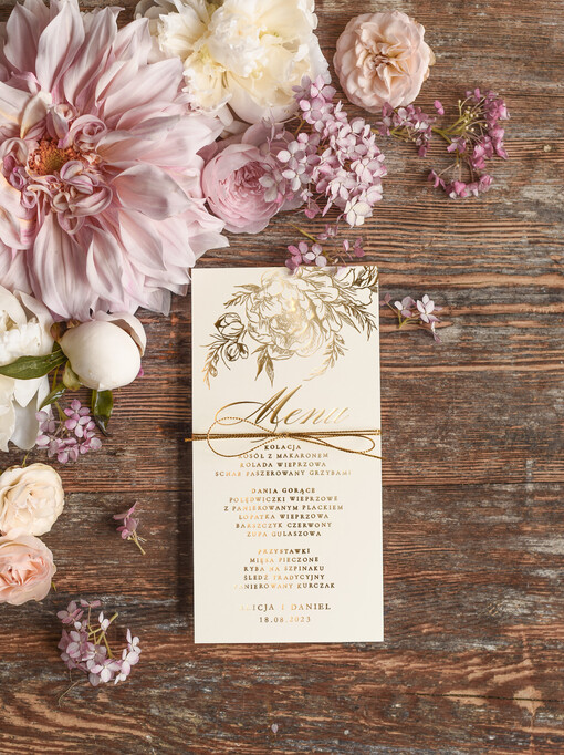 glamour weselne menu karta potraw weselnych, eleganckie zlocone litery wasza treść