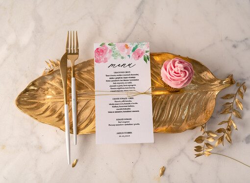 glamour menu weselne plan podawania posiłków na weselu, złocone i eleganckie dowolna treść