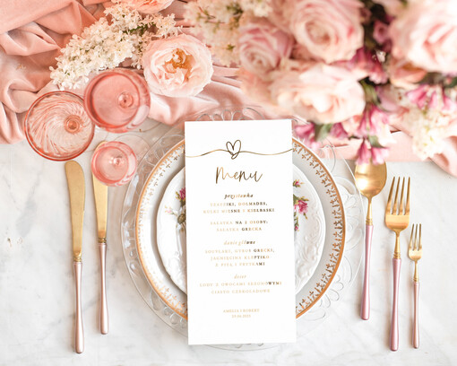 glamour menu ślubne z planem posiłków, złote i eleganckie na klasyczne wesele