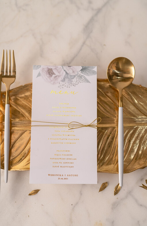 glamour ślubne menu karta potraw weselnych, zlocone napisy dowolna treść