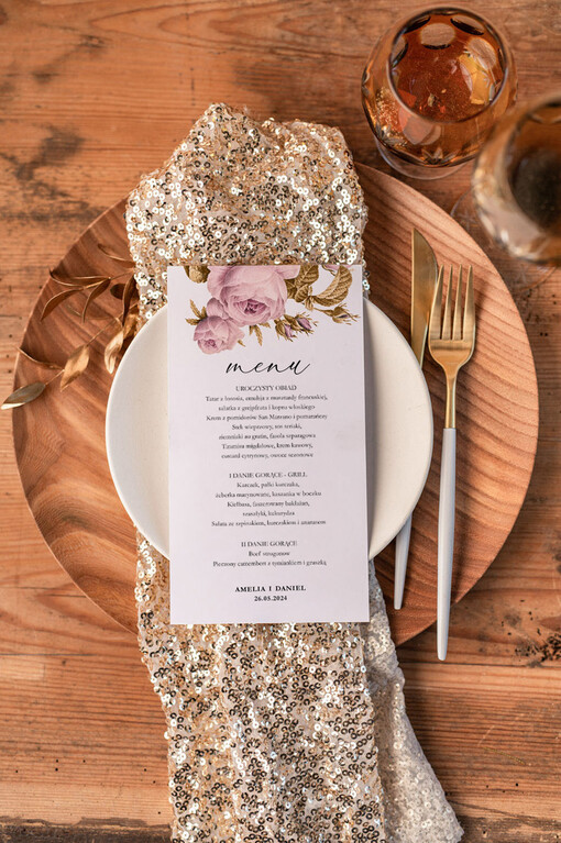 glamour ślubne menu z planem podawania dań wesenych, złocone i eleganckie dowolna treść