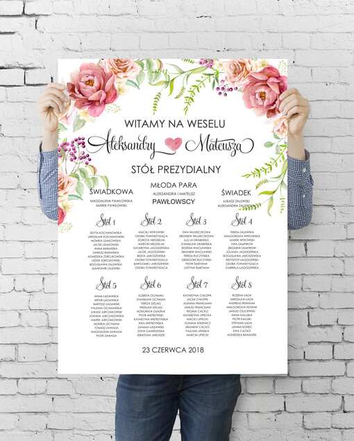 plan stołu plakat  plansza powitanie gości i plan stołów w jednym