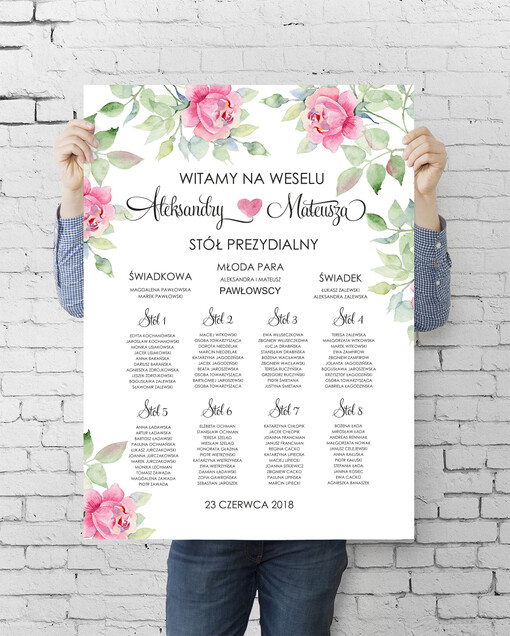 plan stołu plakat  plansza powitanie gości i plan stołów w jednym
