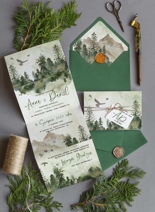 Rustykalne i Natura Rustykalne Zaproszenia Ślubne Las Składane Zielone Zaproszenia na Rustykalny Ślub w lesie Ekologiczne Zaproszenie na Ślub w zgodzie z naturą