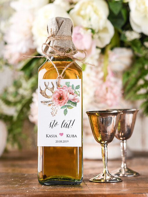 boho/etno/pióra etykiety na wódkę weselną, boho smieszne teksty