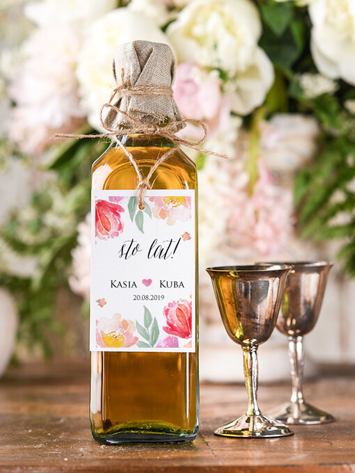 boho/etno/pióra etykieta na alkohol weselny, boho wasz tekst