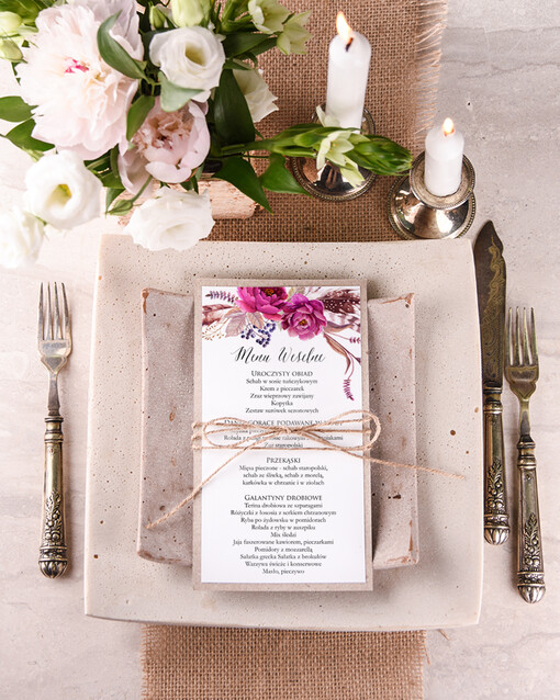 boho menu weselne na stół karta dań weselnych, boho z dowoną treścią