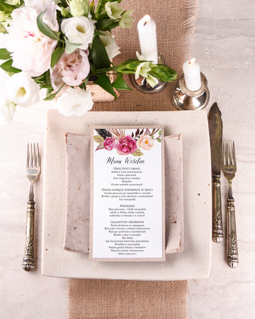 boho menu weselne na stoły plan podawania posiłków, w stylu boho wasza treść