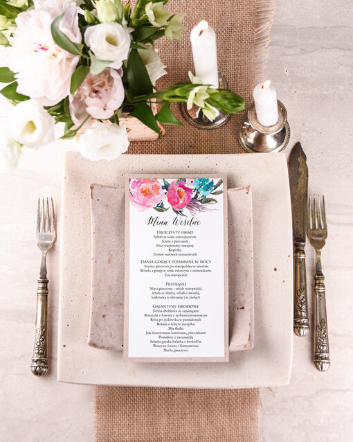 boho ślubne menu z planem podawania dań wesenych, boho wasze imiona i treść