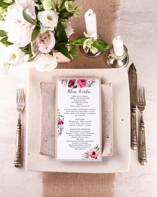 boho weselne menu karta dań weselnych, boho z dowoną treścią