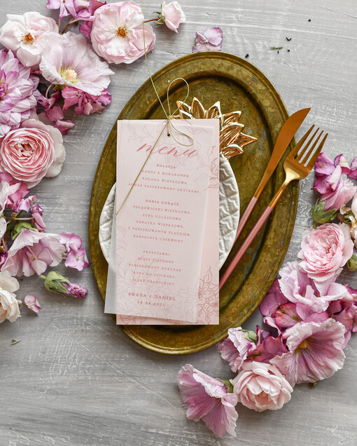 boho menu weselne na stół karta dań weselnych, boho na romantyczne wesele