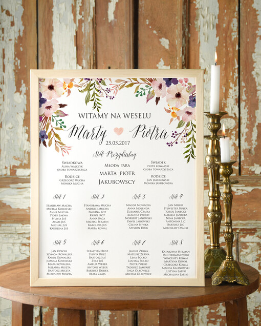 Plakaty Boho plan stołów  weselnych usadzenie gości na weselu, boho styl kolorowe kwiaty