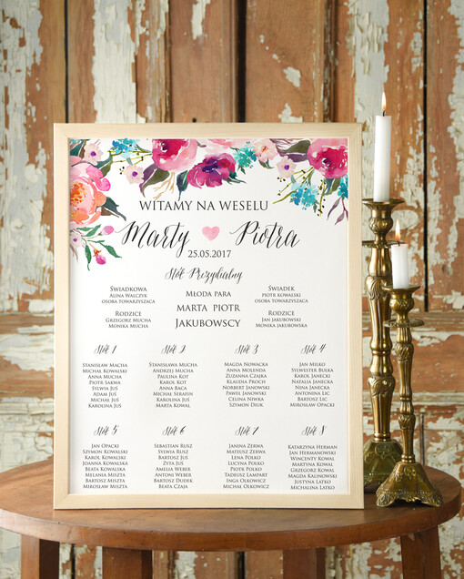 Plakaty Boho plansza weselna plan stołów weselnych, w stylu boho romantyczne kwiaty\\