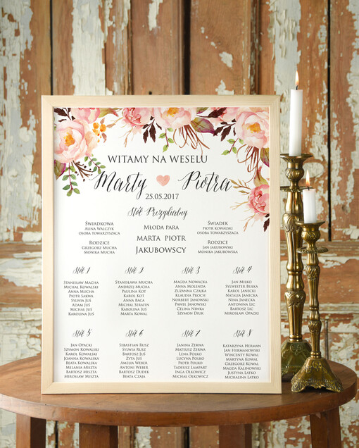 Plakaty Boho tablica z rozmieszczeniem gości plan stołów weselnych, w stylu boho romantyczne kwiaty\\