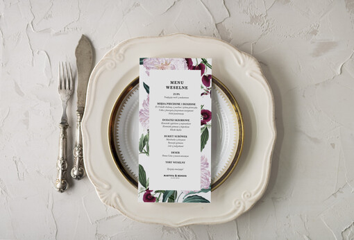botaniczne podróżnicze  ślubne menu karta potraw weselnych, botaniczne z waszą treścią