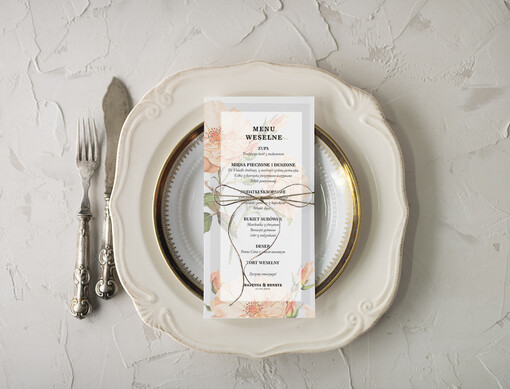 botaniczne podróżnicze  menu weselne karta dań weselnych, eleganckie na klasyczne wesele