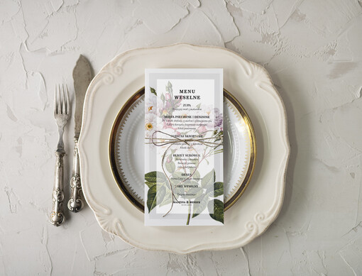 botaniczne podróżnicze  ślubne menu karta potraw weselnych, vintage wasz tekst