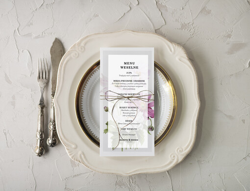 botaniczne podróżnicze  karta dań weselnych menu weselne plan podawania posiłków, eleganckie na klasyczne wesele
