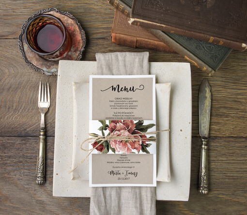botaniczne podróżnicze  ślubne menu z planem podawania dań wesenych, botaniczne z waszą treścią
