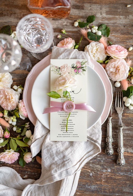 botaniczne podróżnicze  ślubne menu z planem podawania dań wesenych, botaniczne z dowolną treścia