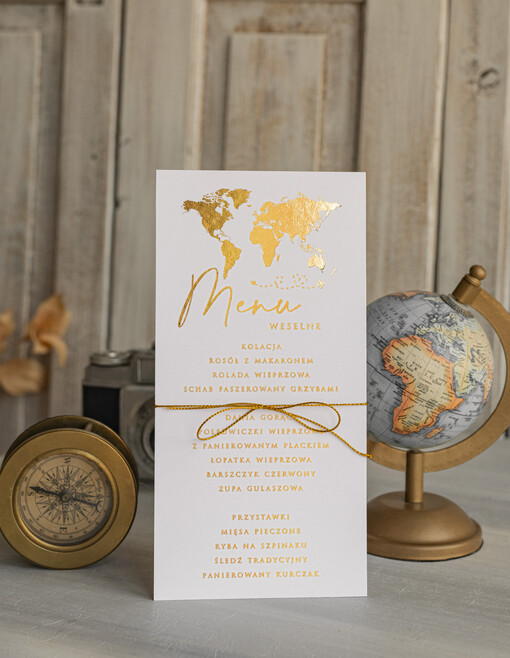 botaniczne podróżnicze  menu weselne z mapą świata lub dowolnego kraju, podróżnicza karta dań na weselu, ślubne menu z planem podawania dań weselnych
