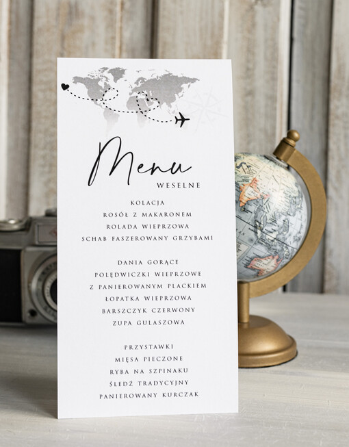 botaniczne podróżnicze  menu weselne z mapą świata lub dowolnego kraju, podróżnicza karta dań na weselu, ślubne menu z planem podawania dań weselnych, karta dań