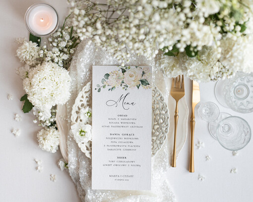botaniczne podróżnicze  menu weselne na stoły plan podawania posiłków, eleganckie menu weselne