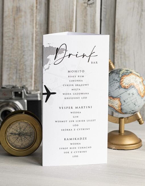 botaniczne podróżnicze  menu ślubne z planem posiłków, numer stołu i menu w jednym, karta drinków na weselu, menu weselne z mapą świata, ozdoba na stoły weselne