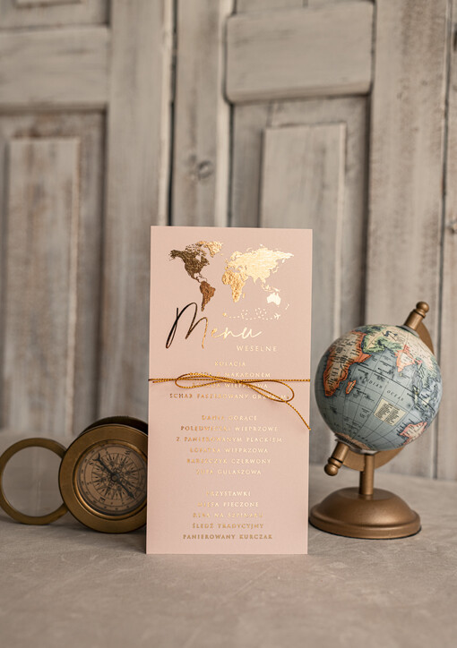 botaniczne podróżnicze  menu weselne z mapą świata lub dowolnego kraju, podróżnicza karta dań na weselu, ślubne menu z planem podawania dań weselnych