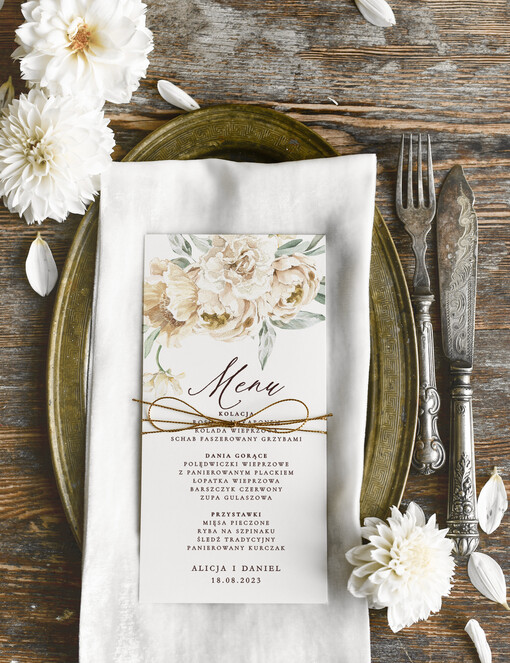 rustykalne menu weselne karta dań weselnych, rustykalne dowolna treść na menu weselnym, eleganckie leżące menu weselne, karta dań na weselu