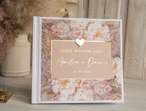 glamour księga gości na wesele pamiątka ślubu, księga wpisów gości z peoniami złote napisy, elegancka różowo złota księga wpisów gości elegancka księga ślubna
