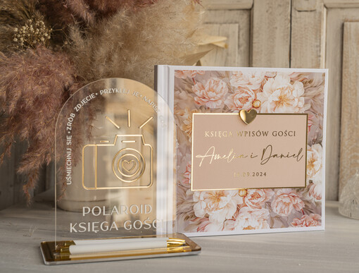 glamour księga gości na wesele pamiątka ślubu, księga wpisów gości z peoniami złote napisy, elegancka różowo złota księga wpisów gości elegancka księga ślubna