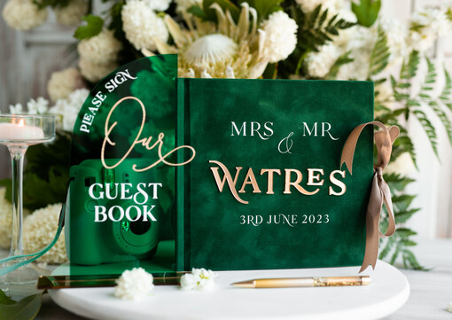 welurowe zielona księga gości i album na zdjęcia w jednym, album na życzenia i zdjęcia z fotobudki, pamiątkowa welurowa księga wpisów gości