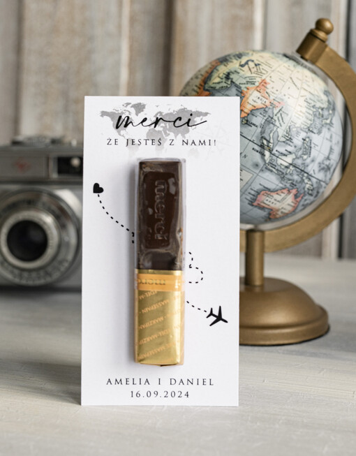 Czekoladki prezent podziękowanie, tematyczne podziękowania dla gości po weselu, czekoladki merci w podziękowaniu dla gości weselnych, podziękowania dla gości z mapą świata